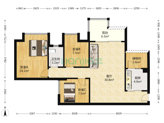 合峰东岸名苑 3室1厅1卫 88平方