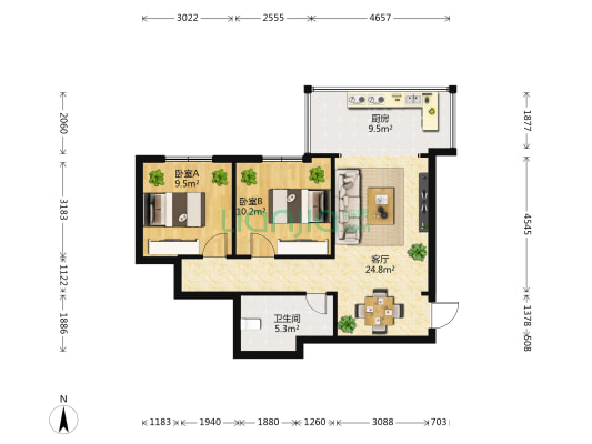 昆明冶金高等专科学校 2室1厅1卫 103平方