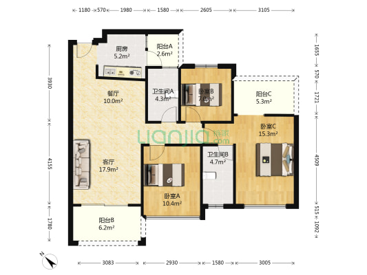 时代城 3室2厅2卫 101平方