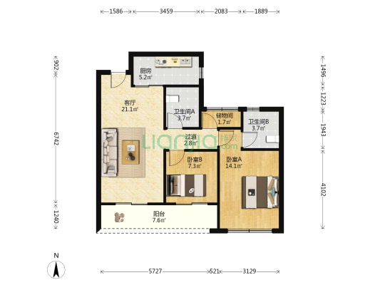 古墩彩虹轩 2室1厅2卫 88平方