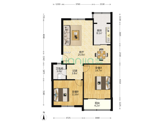 现代逸城水泥厂宿舍 2室1厅1卫 90平方