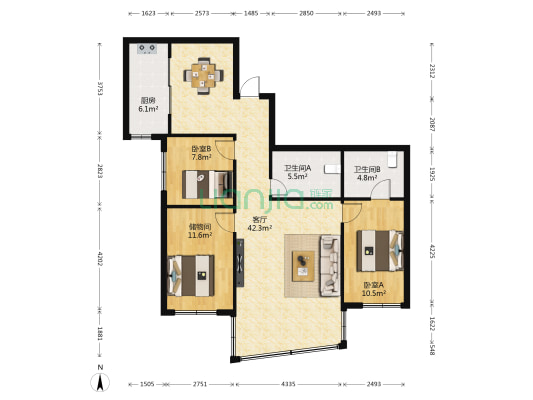 售天山区南门国际置地中层三室三厅住宅一套-户型图