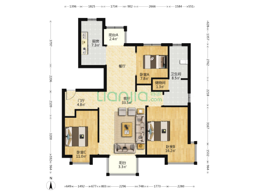 定鼎轩 3室1厅1卫 125平方