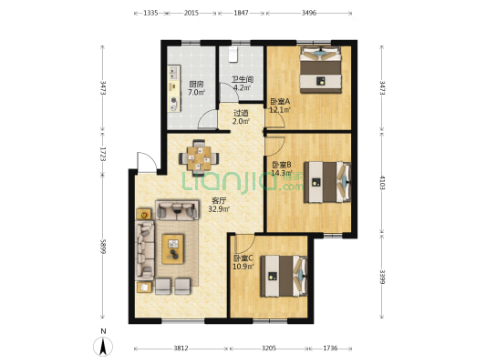 白鶴園小區 3室1厅1卫 96平方