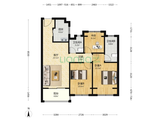 融信海月平江 3室1厅2卫 96平方