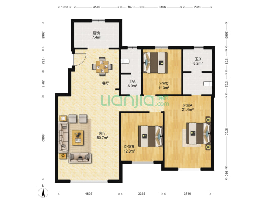 高新慧园 3室1厅2卫 152平方