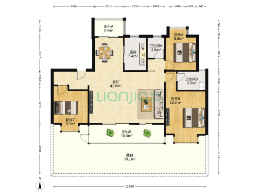 华侨城万科 3室1厅2卫 129平方