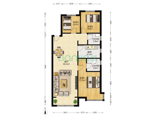 香堤小区 3室1厅2卫 120平方