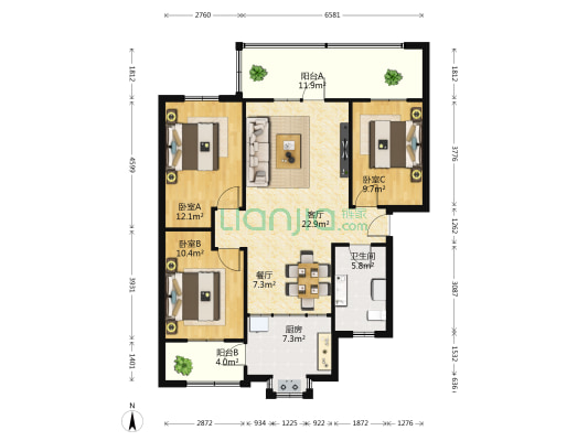 杨家社区 3室2厅1卫 103平方