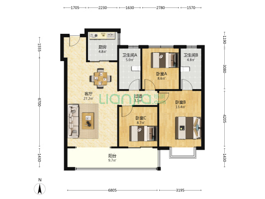 天安云境 3室1厅2卫 111平方