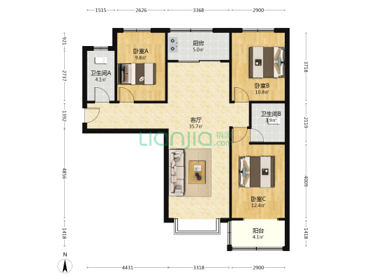 精装三居南北通透，无遮挡，采光视野好-户型图