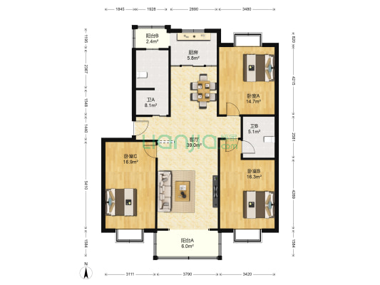 惠园 3室1厅2卫 139平方