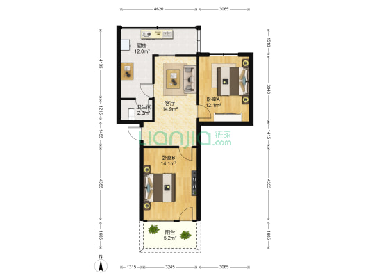 青山南路果品公司宿舍 2室1厅1卫 70平方