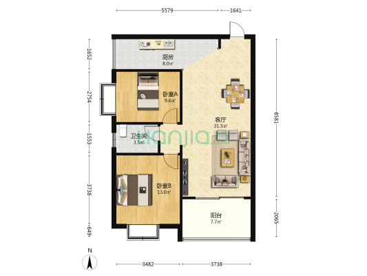 星悦蓝湾 2室1厅1卫 91平方