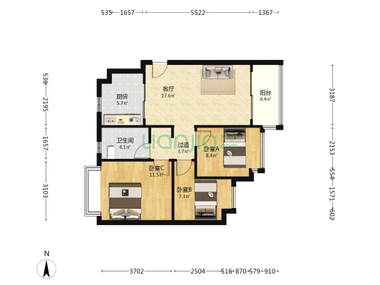中新紫荆府 3室1厅1卫 89平方