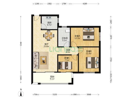 蓝光雍锦阁 3室1厅1卫 107平方