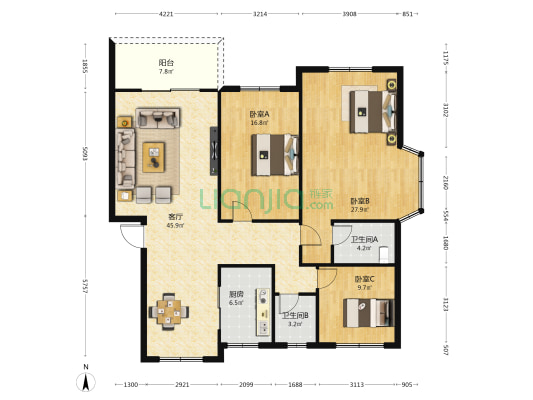 联勤公寓 3室1厅2卫 141平方