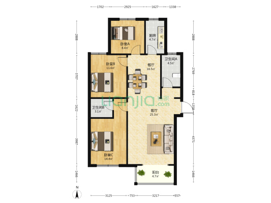 天悦名苑 3室2厅2卫 133平方