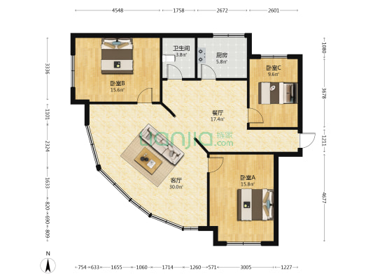 白鹤大街33号 3室2厅1卫 110平方