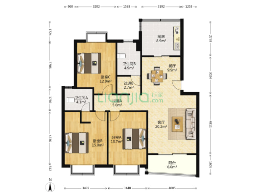 九方家园 3室2厅2卫 122平方