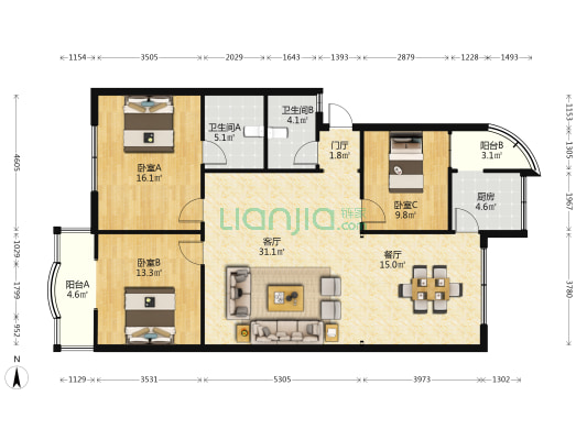 辰居路280号 3室2厅2卫 132平方
