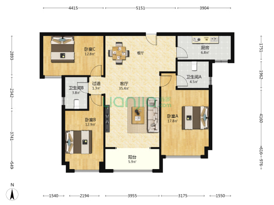 天泉湾 3室1厅2卫 125平方