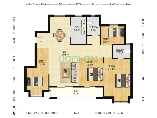 悦山府（一期） 4室1厅2卫 132平方