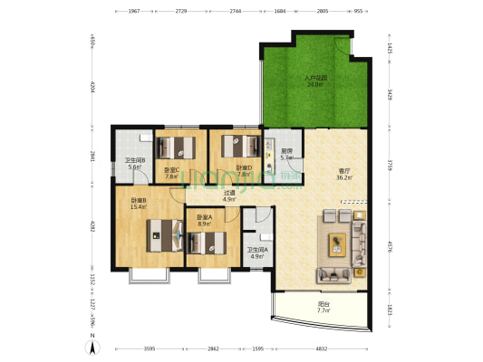 奥克大厦 4室1厅2卫 157平方