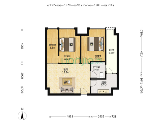 亿城国际 2室1厅1卫 77平方