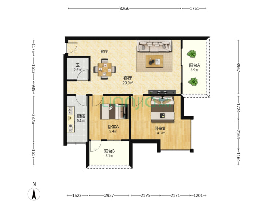 振宁康乐园 2室1厅1卫 86平方