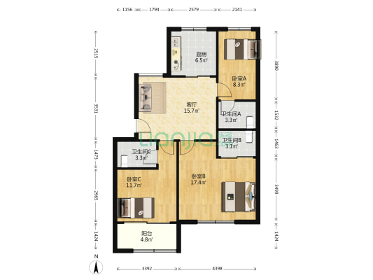 越城新村 3室1厅3卫 87平方