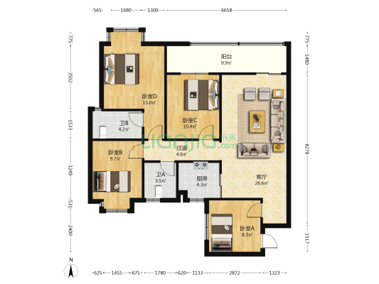 中梁国宾熙岸 4室1厅2卫 122平方