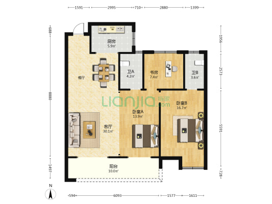 银河花园 3室1厅2卫 115平方