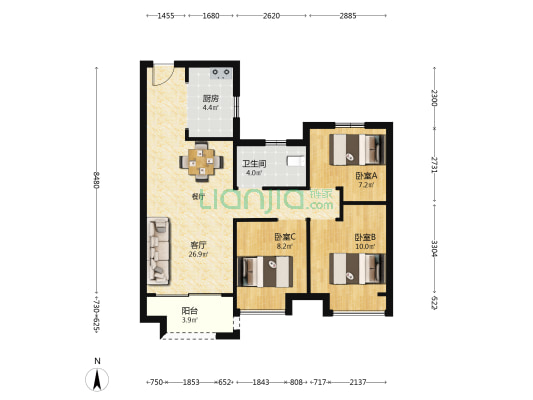 金辉城市广场 3室1厅1卫 87平方