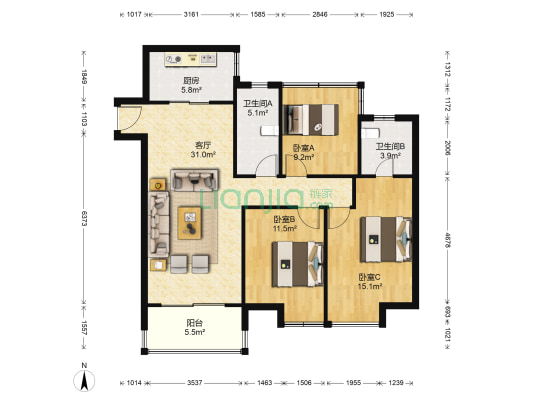 华润幸福里 3室1厅2卫 115平方