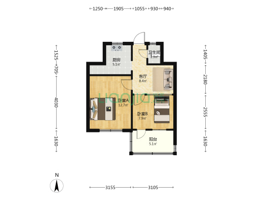 人民西路5号院 2室1厅1卫 50平方