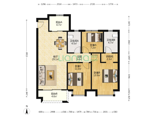 红星九湾天铂 3室1厅2卫 114平方