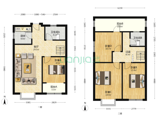 此房南北 向 带装修 4居 上下两层 75平+75平-户型图