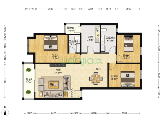 东湖国际花园 3室1厅2卫 118平方