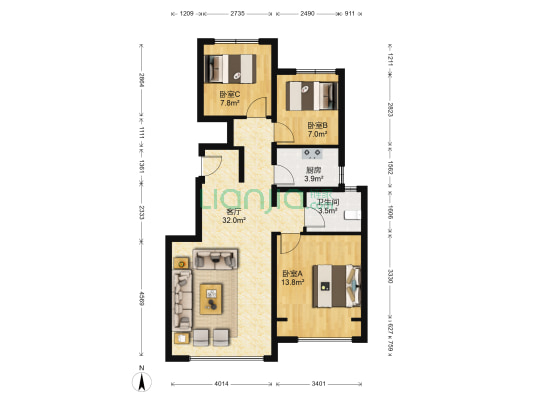 徜徉嘉园6号院 3室1厅1卫 92平方