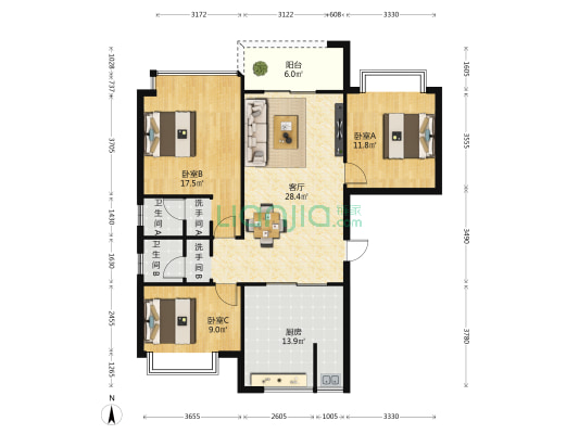 私享家 3室1厅4卫 120平方