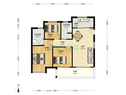 雅海苑 3室1厅2卫 103平方