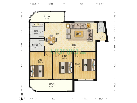 九中家属院 3室1厅2卫 117平方