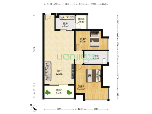 凤山府 2室1厅1卫 91平方
