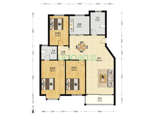 杨岸花苑二期三期 3室1厅2卫 132平方