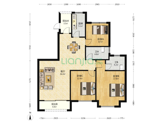 恒大文化旅游城4组团 3室1厅2卫 117平方