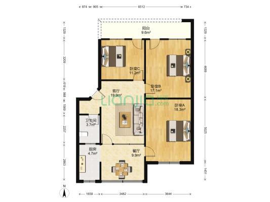 阳光家园 3室2厅1卫 106平方