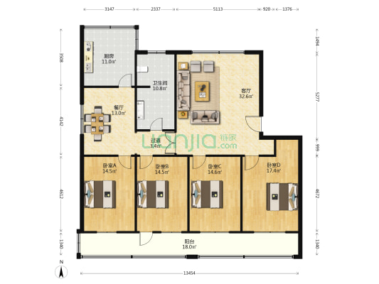 田园小区 4室2厅1卫 167平方