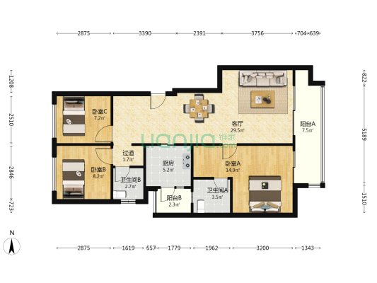 北京城建国誉府 3室1厅2卫 102平方