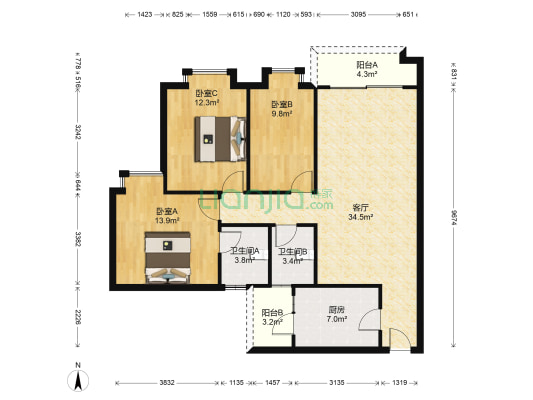 金海岸花园 3室1厅2卫 111平方